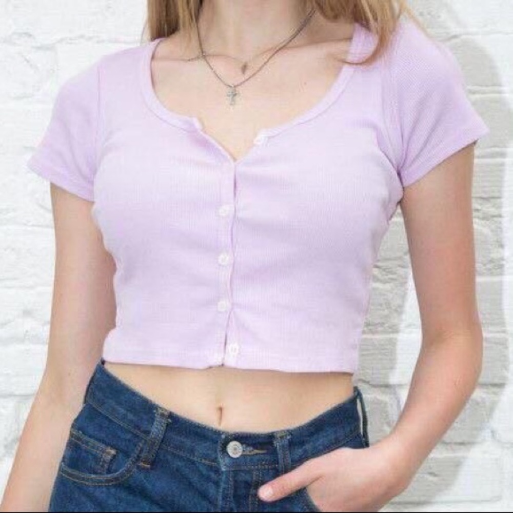 BRANDY MELVILLE Zelly Button Up Short Sleeve Cute Fitted Top - Picture 2 of 14